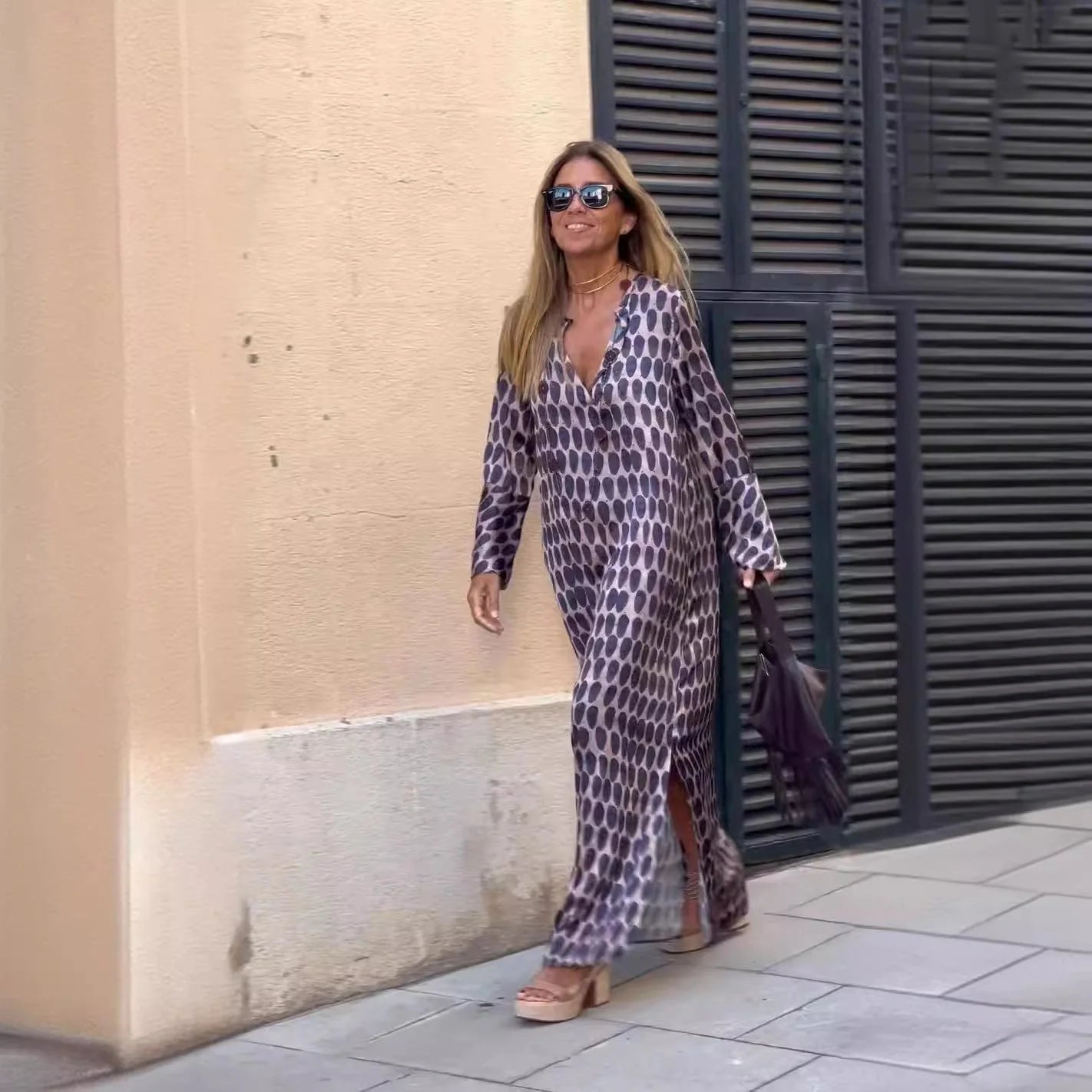Stylish women's geometric print V-neck long dress in various colours