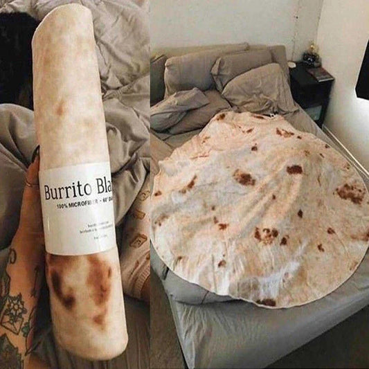 Supremely soft flannel burrito blanket in round and rectangular shapes, featuring vibrant food-themed print for cozy indoor and outdoor use