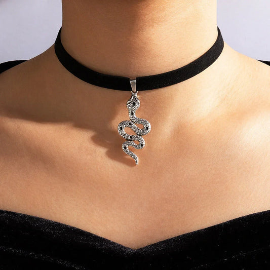 Witchy Gothic Grunge Velvet Choker Necklace in silver and gold with baroque snake design