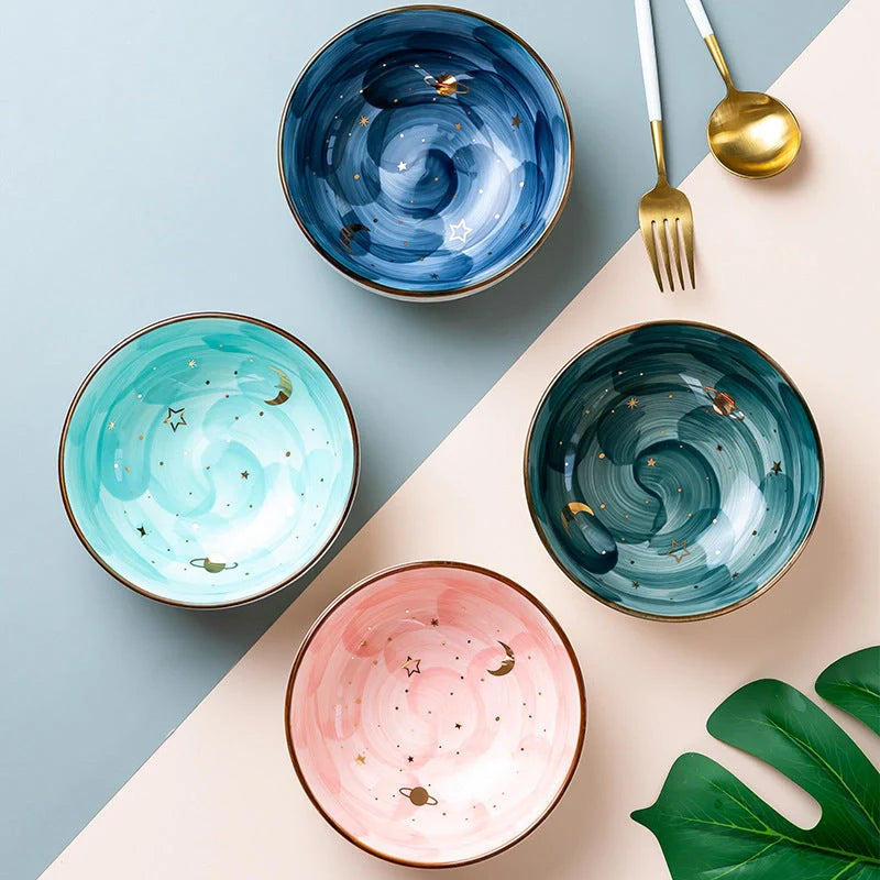 Premium Nordic-style ceramic breakfast bowl set with star-shaped pattern and glossy finish