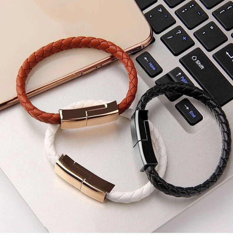 Stylish data cable bracelet in black, white, and brown colors with android, apple, and USB-C connectors
