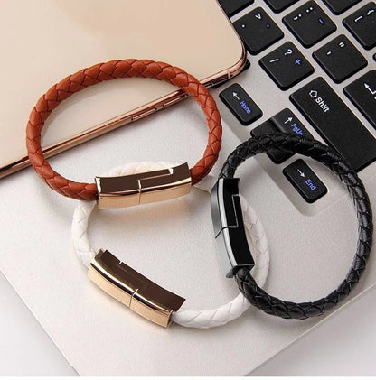 Stylish data cable bracelet in black, white, and brown colors with android, apple, and USB-C connectors