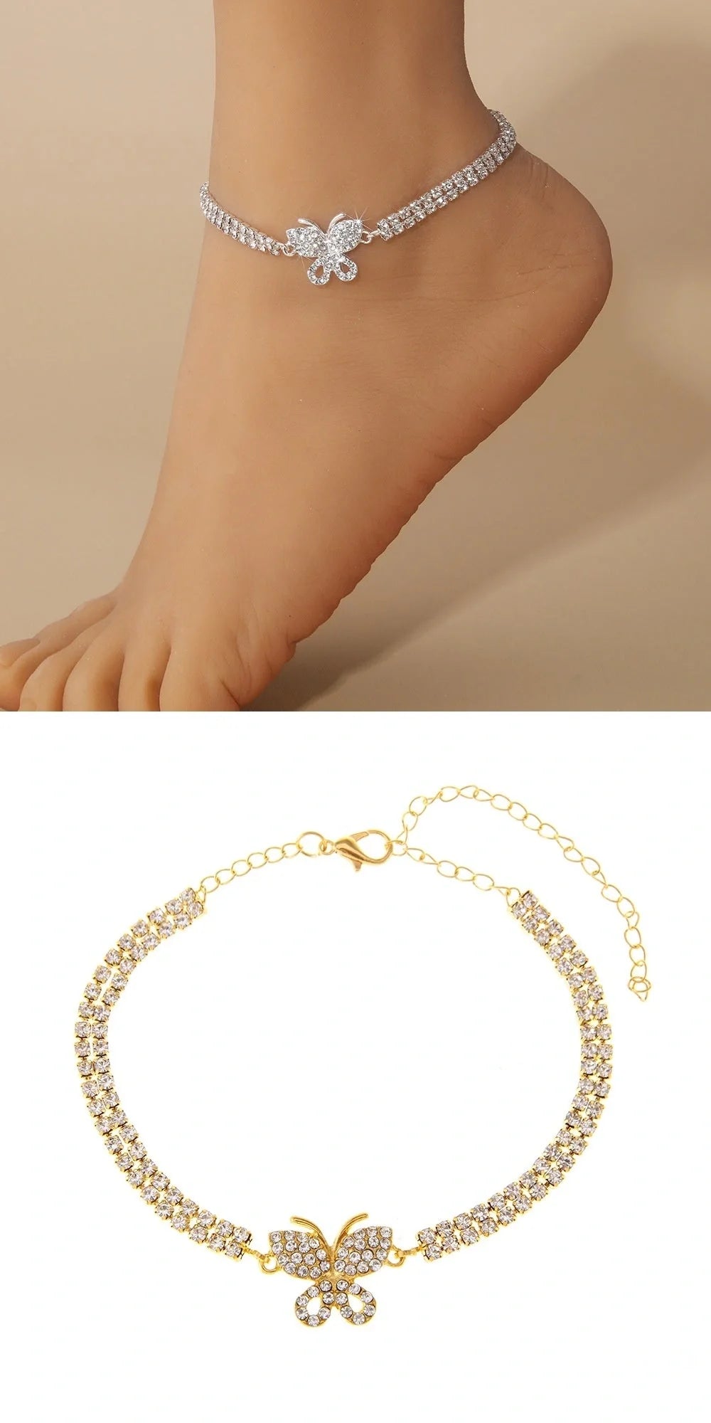 Butterfly Anklet with alloy inlaid gemstones in gold and silver for women