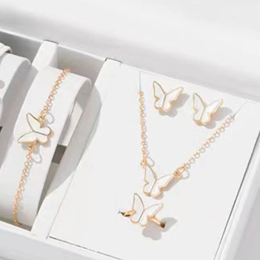 5PCS Fashion Butterfly Pendants Necklace Earrings Ring Bracelet Sets For Women