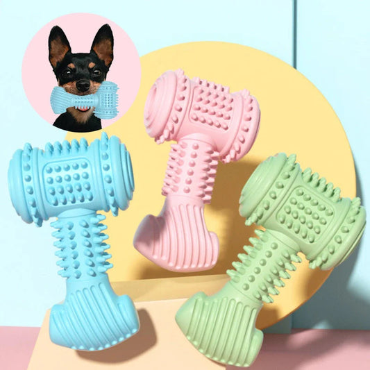 Indestructible TPR dog chew toy in blue, pink, and green for teeth cleaning and anxiety relief