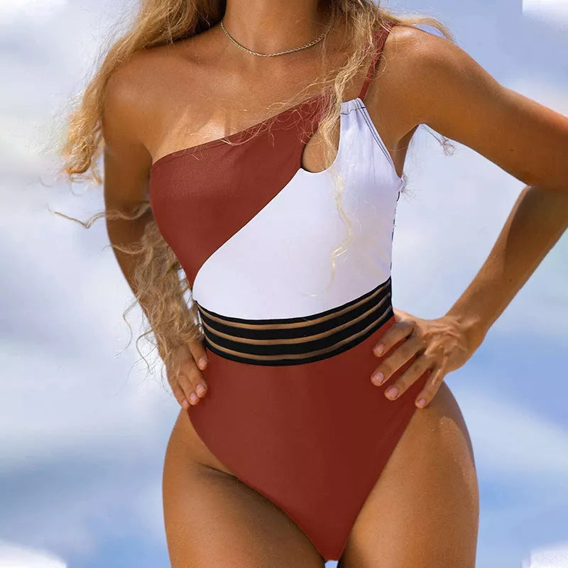 Women's mesh panel one piece swimsuit in red, grey, black, and leopard print