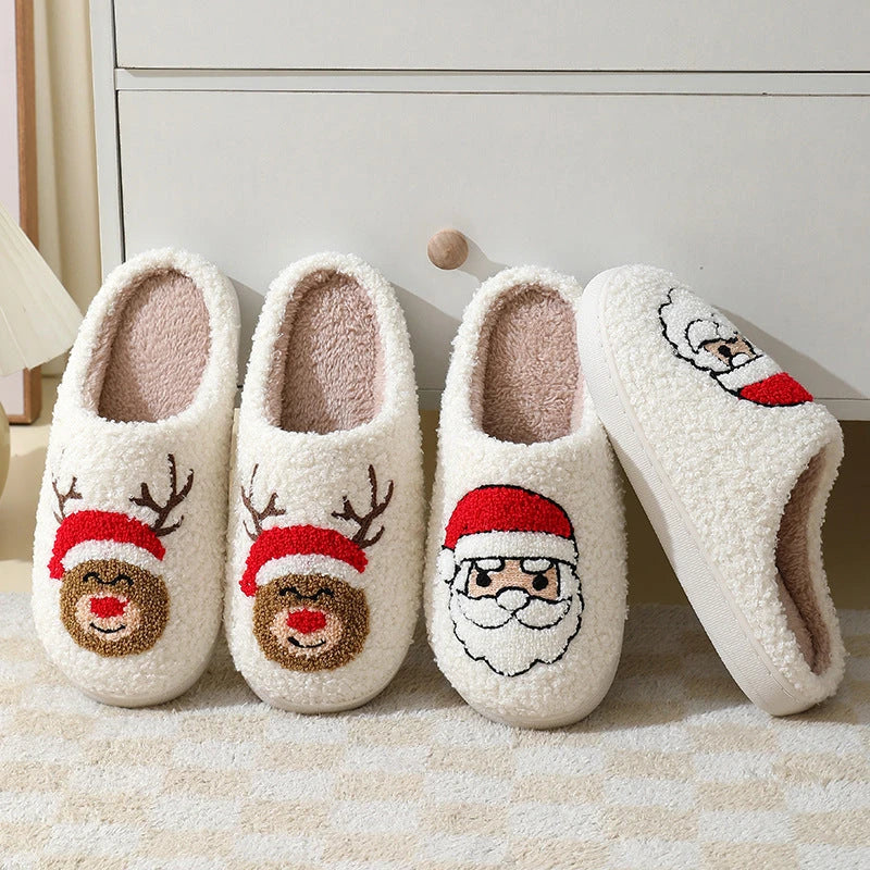Cozy Christmas slippers in festive designs like Santa Claus, Moose, and Gingerbread Man, featuring plush lining and durable soles