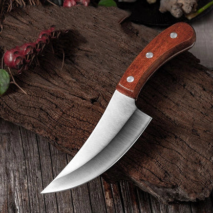 Premium forged picnic knife with leather sheath and solid wood handle