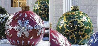 Inflatable Christmas baubles in various festive designs for outdoor holiday decoration