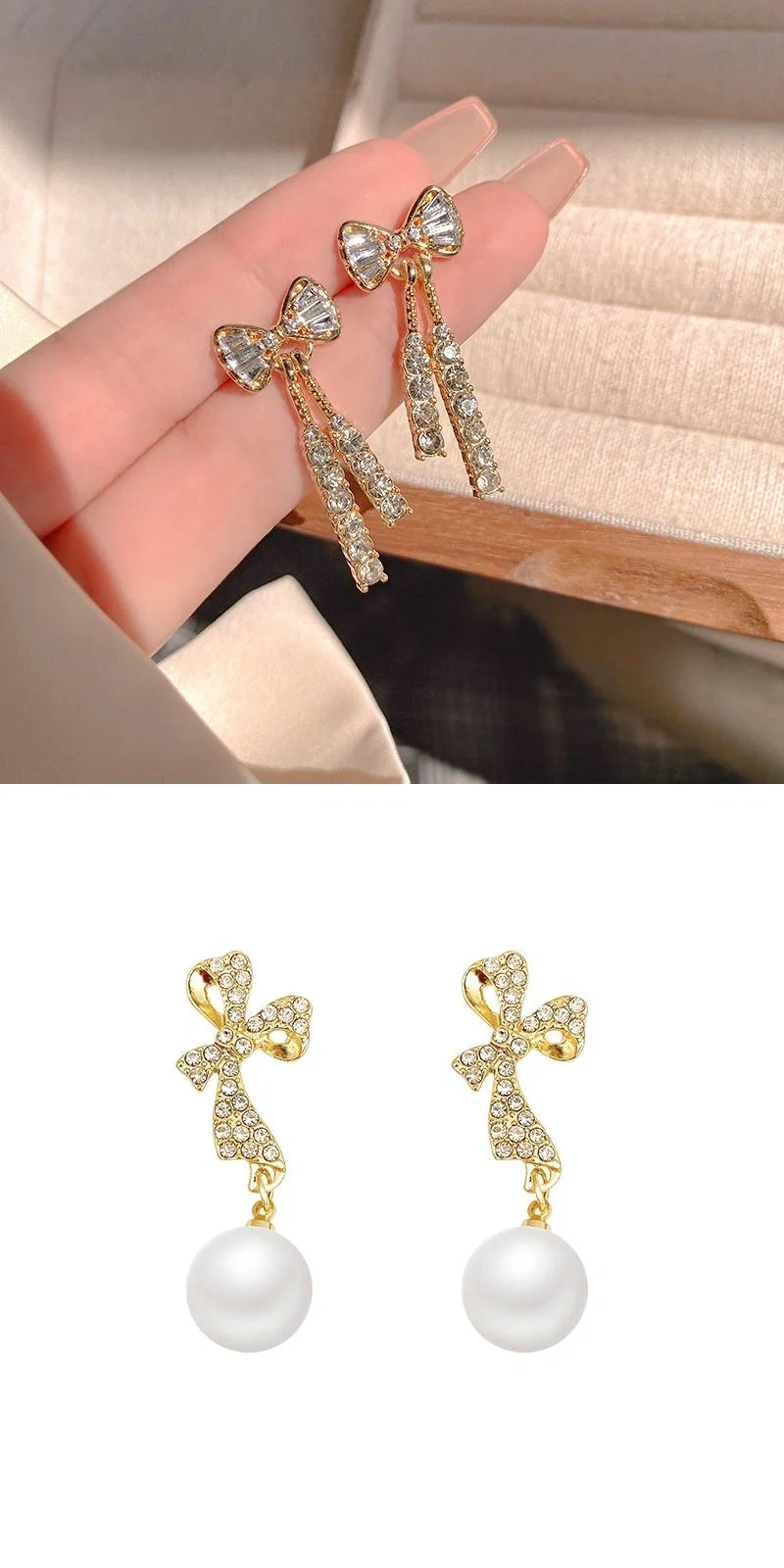 Gold bow diamond crystal earrings for women, fashionable and elegant