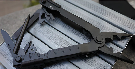 Versatile 8-in-1 Multi-Tool with wire cutter, knife, key ring, hammer, cutter, bottle opener, screwdriver, and file - a premium British DIY companion