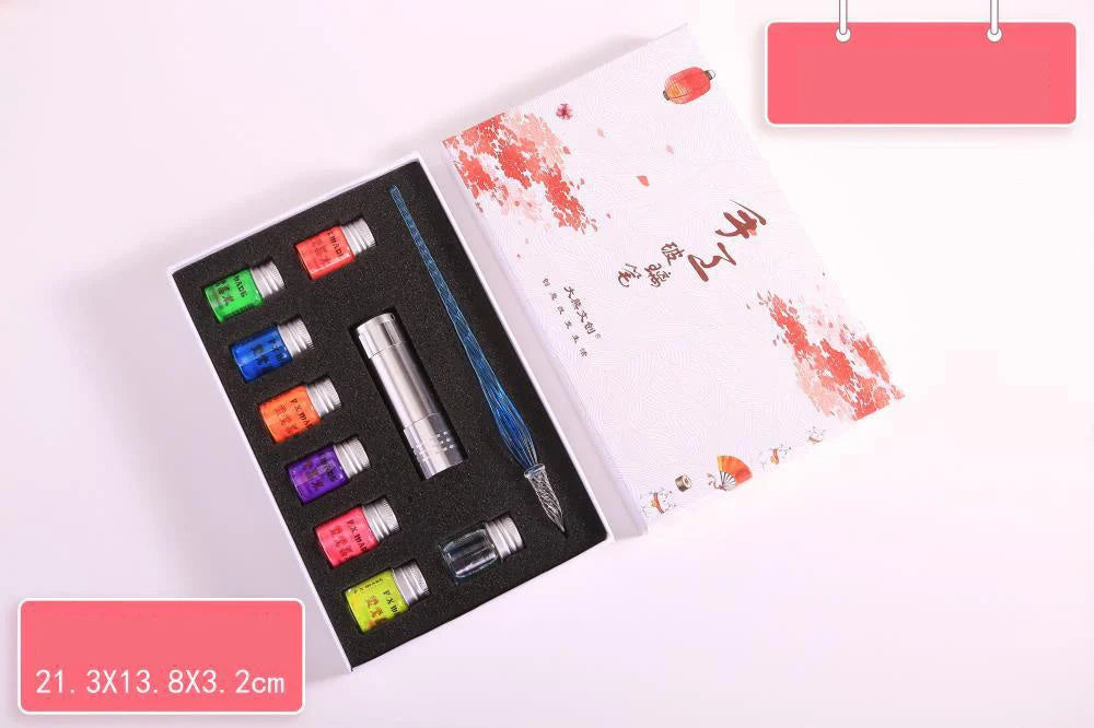 Fluorescent fountain pen dip ink set with eight glow-in-the-dark colours