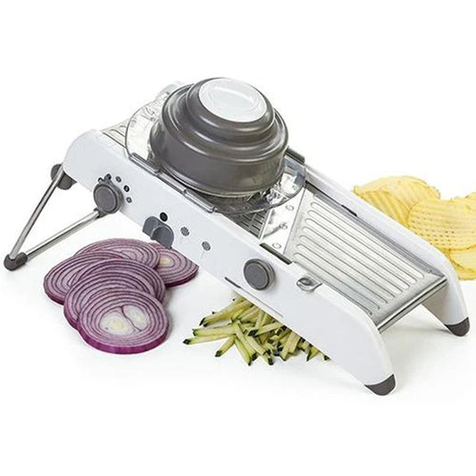 The Versatile Vegetable Slicer with adjustable slicing, shredding, and waffle cutting capabilities for easy meal preparation