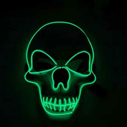 A glowing skull-shaped Halloween mask with adjustable straps and three lighting modes: constant, slow flash, and rapid pulse