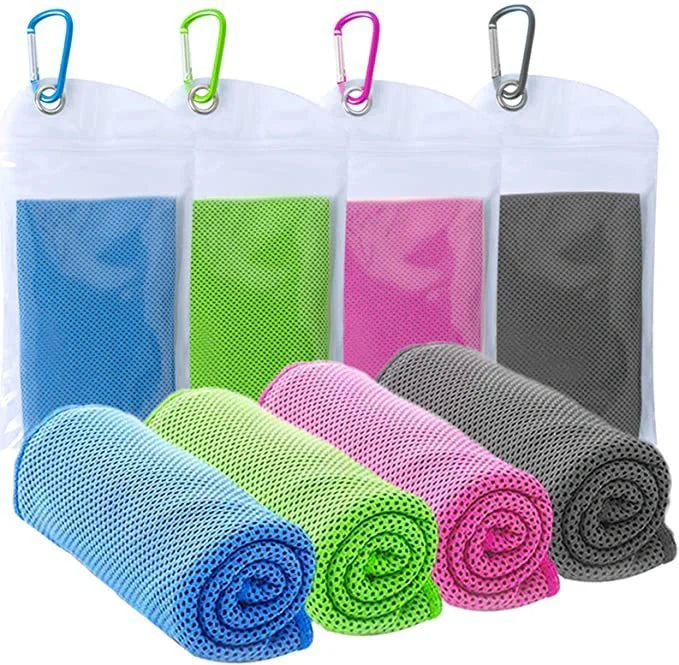 Mountaineering Cooling Towel in various vibrant colours, designed for outdoor activities and heat relief
