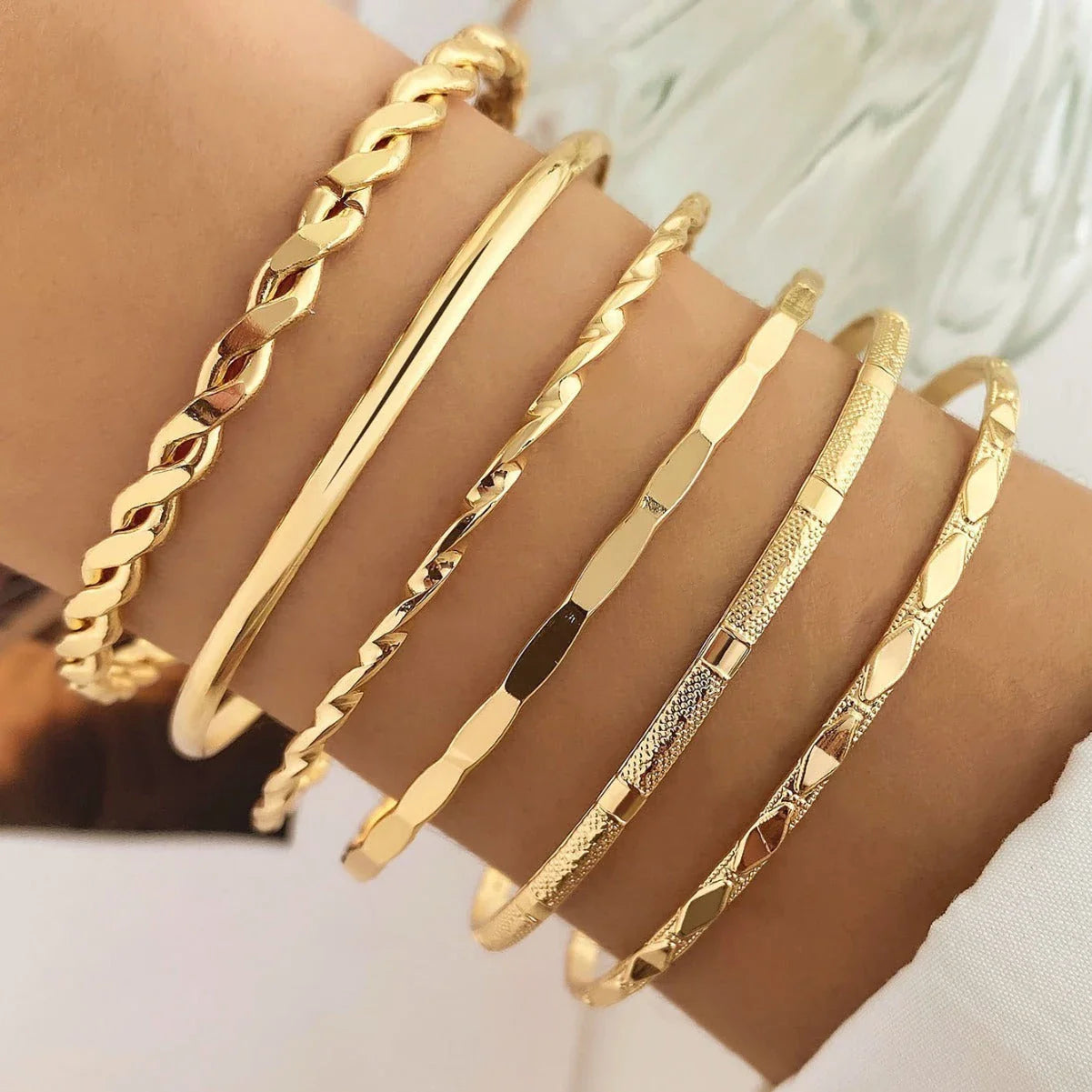 Bohemian Metal Chain Bracelet Set with Geometric Gold-tone Links for Women