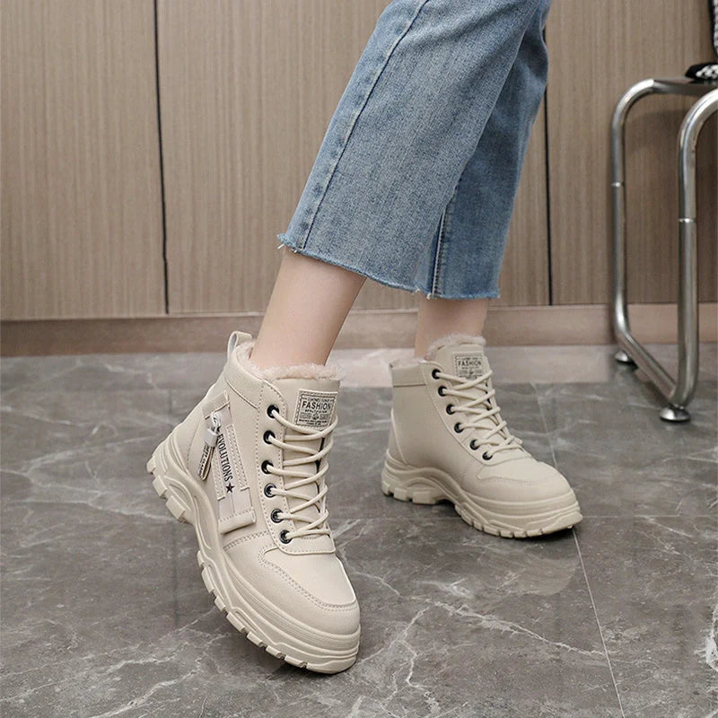 Winter fleece lace-up boots with artificial short plush lining in black, khaki, and white