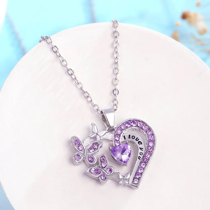 Butterfly Love Necklace with rhinestones and hollow heart-shaped pendant in white, purple, or pink