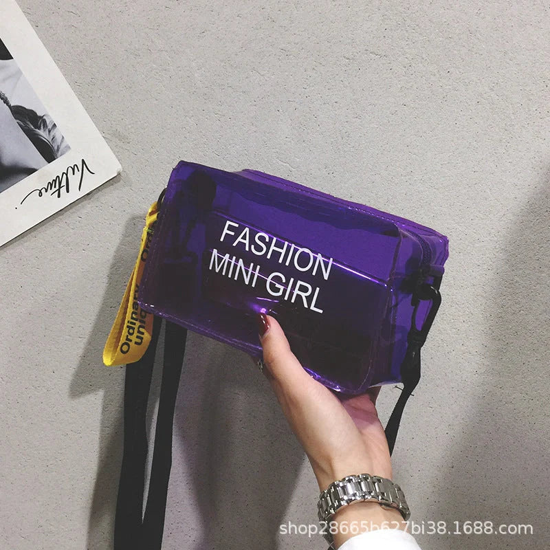 Transparent square fashion shoulder bag with adjustable strap and internal phone compartment
