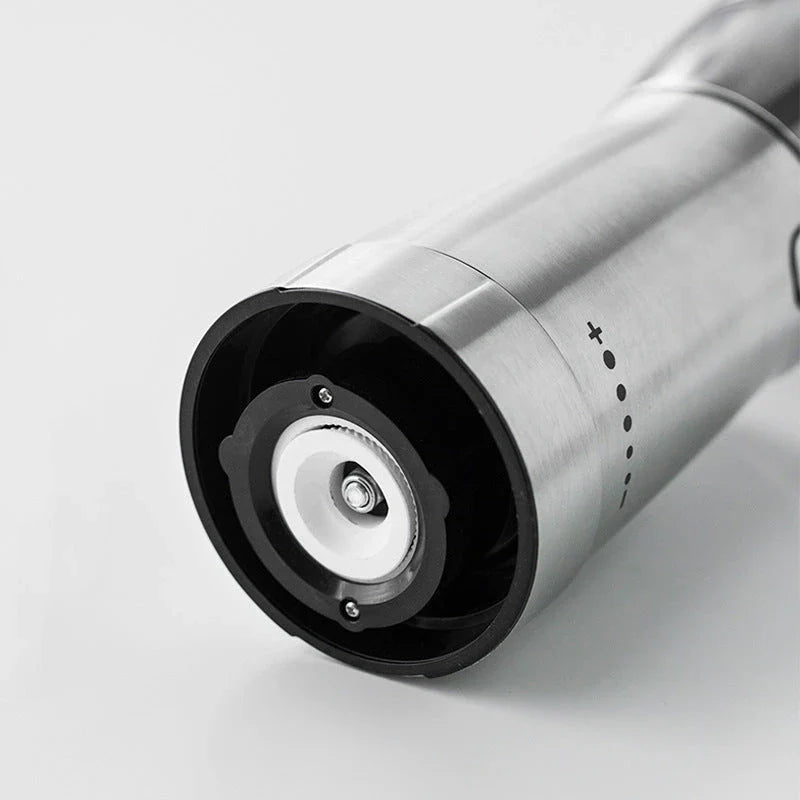 Premium stainless steel electric coffee grinder with adjustable grind settings, USB charging, and sleek modern design