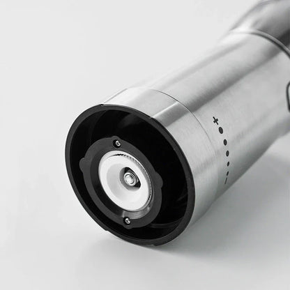 Premium stainless steel electric coffee grinder with adjustable grind settings, USB charging, and sleek modern design