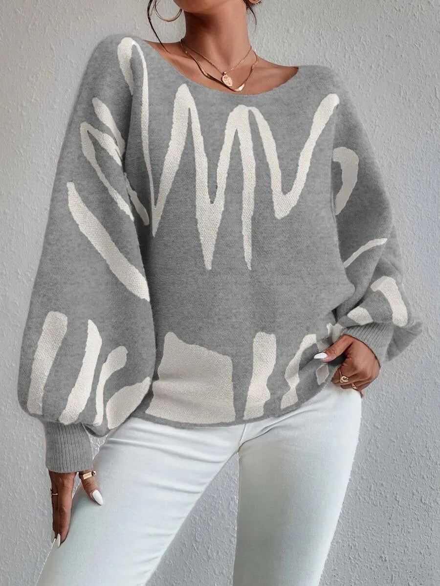 Women's lantern-sleeved pullover sweater with printed design in various colours