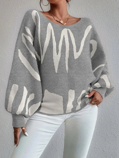 Women's lantern-sleeved pullover sweater with printed design in various colours
