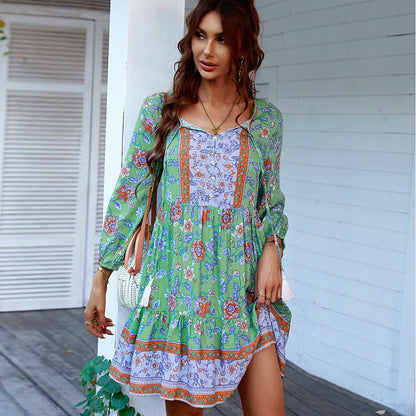 Boho print button v-neck long sleeve fringe dress in vibrant colours