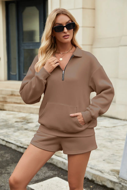 Casual sweatshirt suits set with lapel zipper and elastic shorts in various colours