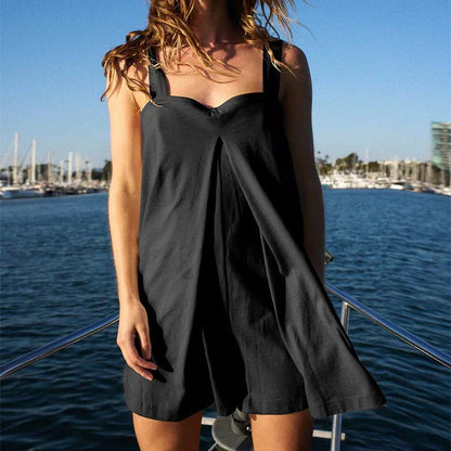 Sleeveless jumpsuit in various colors featuring a square neckline and relaxed fit for comfortable summer style