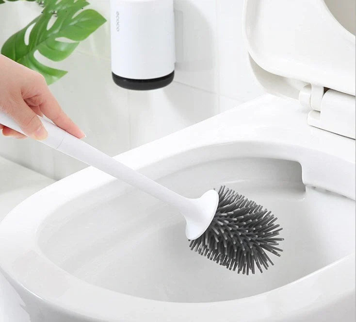 High-quality toilet brush with soft, decontaminated TPR bristles, ergonomic handle, and versatile floor-standing or wall-mounted design.