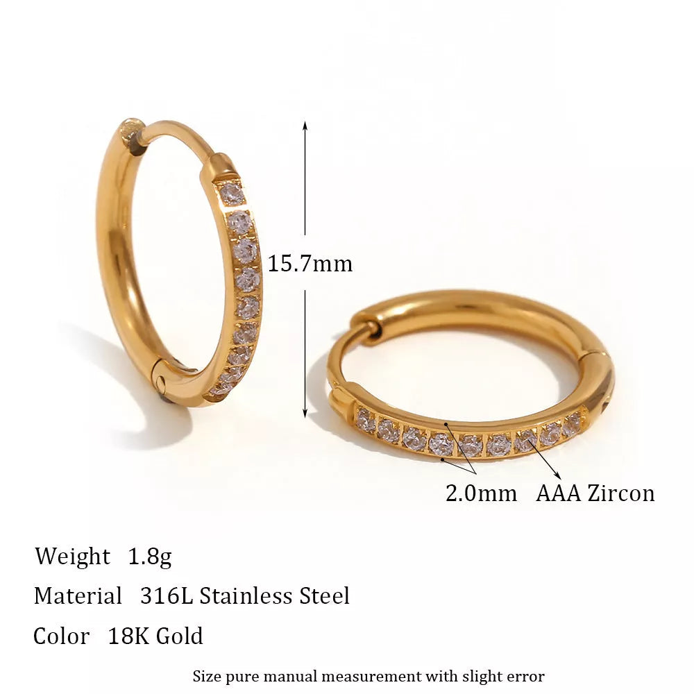 Women's titanium steel rounded edge zircon earrings in gold and steel finishes