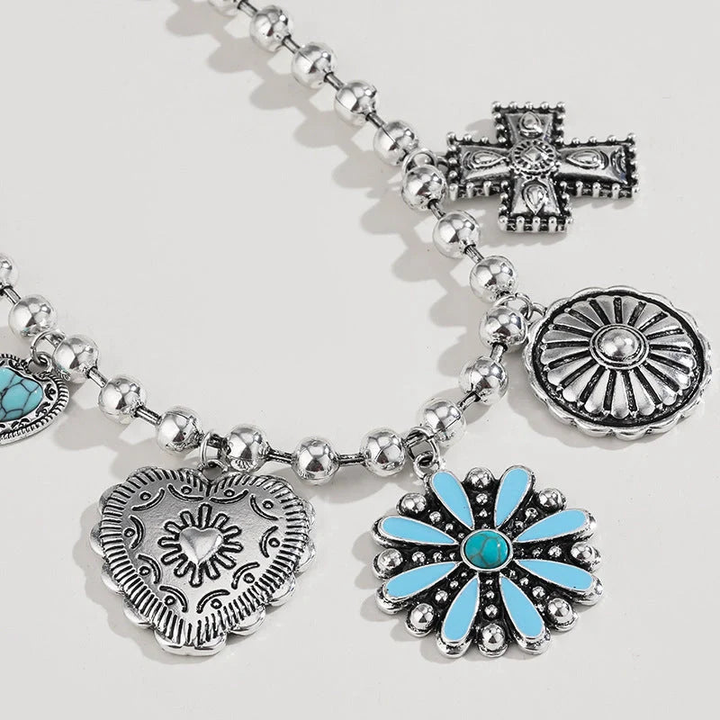 Personalised Turquoise Wax Rope Necklace with Embossed Vintage Cross pendant