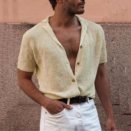 Men's slim-fit V-neck cotton polo shirt with jacquard detail in khaki and pink