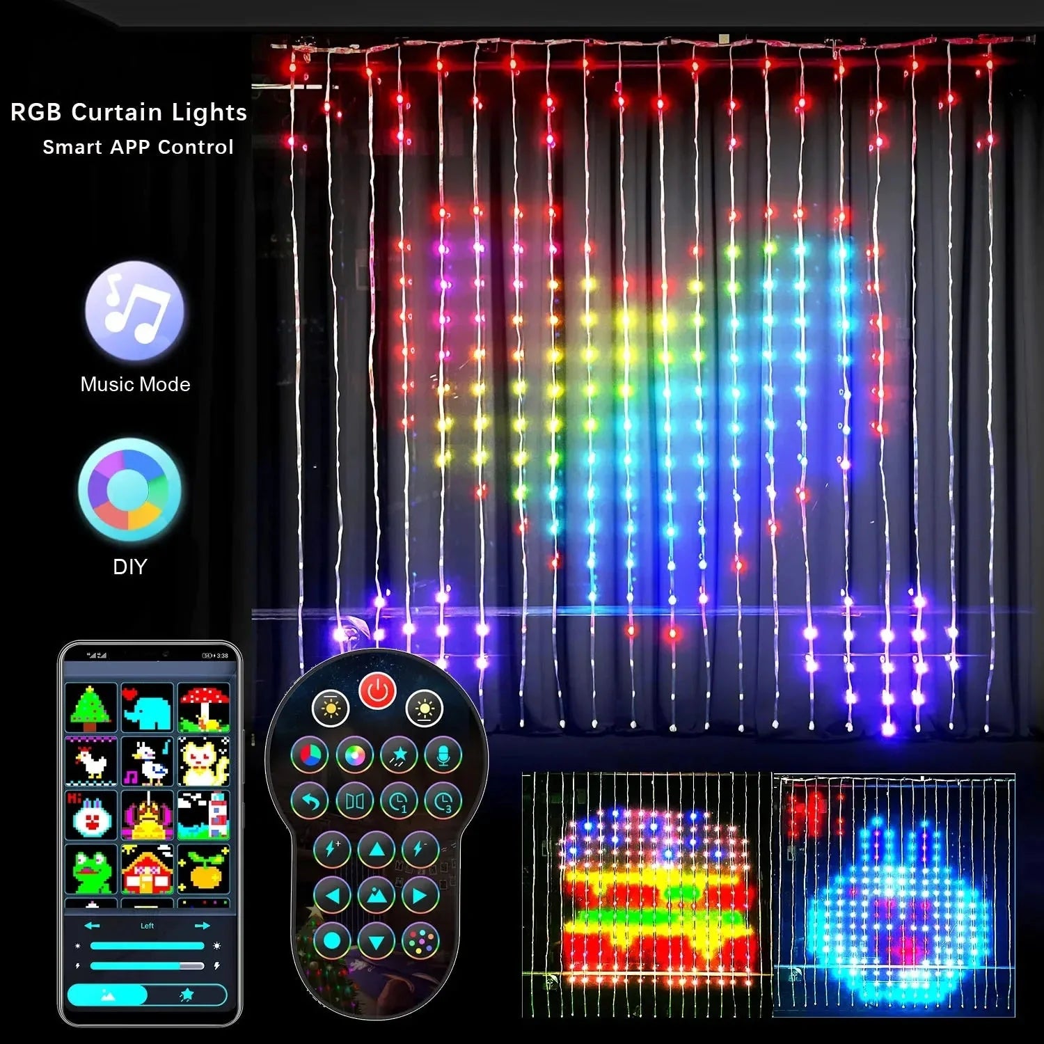 Smart LED RGB Curtain String Lights with Bluetooth control and waterproof design
