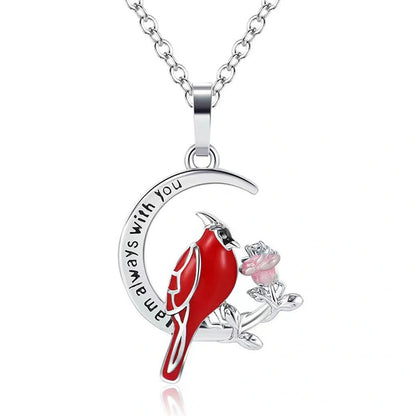 Heart-shaped cardinal pendant necklace in silver, unisex animal model jewellery