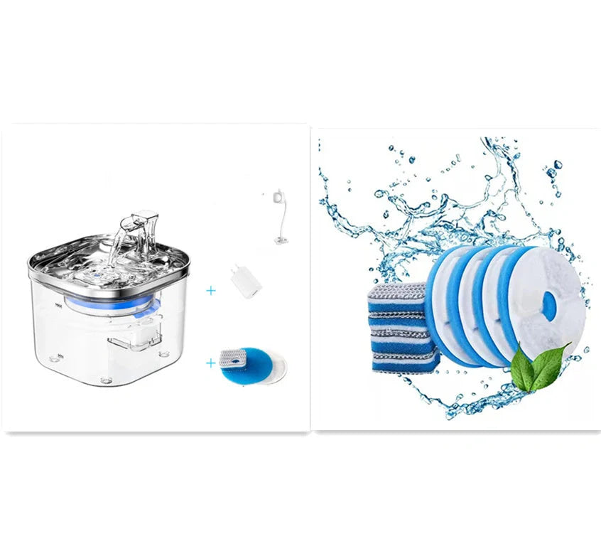 Stainless steel automatic pet water dispenser with 2-litre capacity and ultra-quiet pump