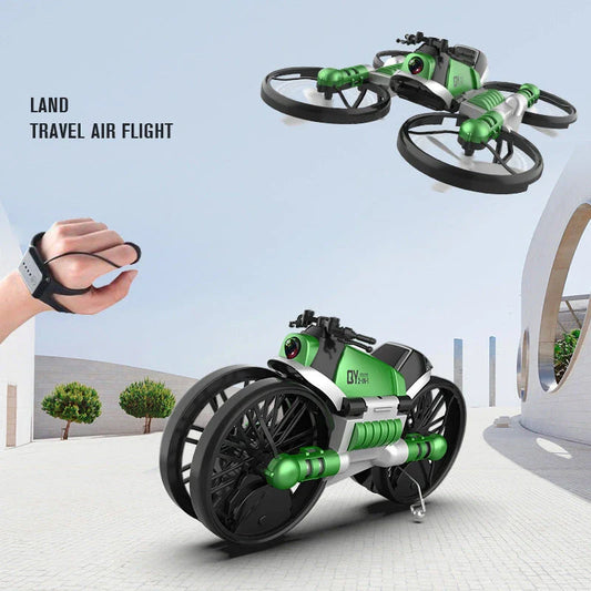 A foldable 2-in-1 drone and motorcycle hybrid with a 0.3MP camera, altitude hold, and intuitive controls for versatile aerial and ground exploration.