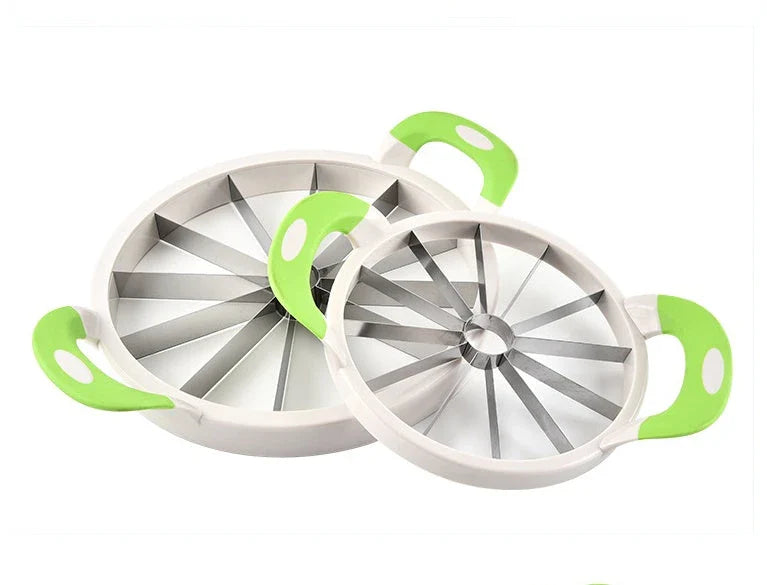 Premium stainless steel watermelon slicer with ergonomic non-slip handles for easy, precise fruit preparation