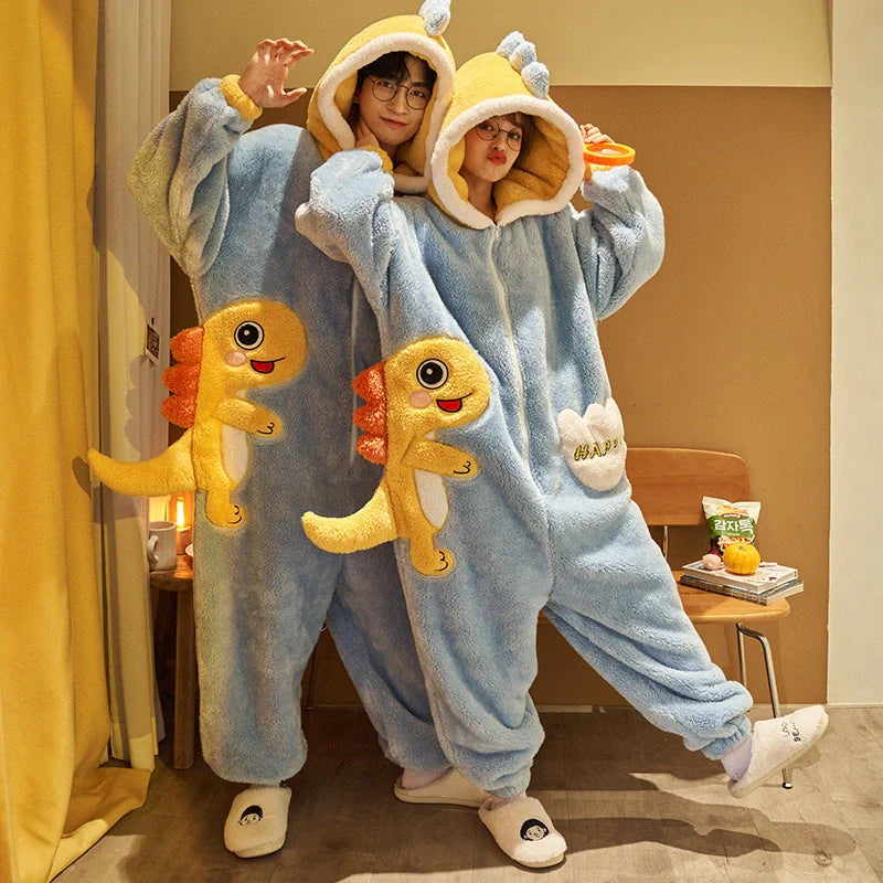 Cartoon design coral fleece winter jumpsuit for women and men