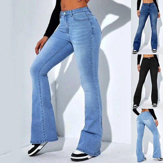 Women's high waist flared jeans in stretch cotton, available in navy and light blue