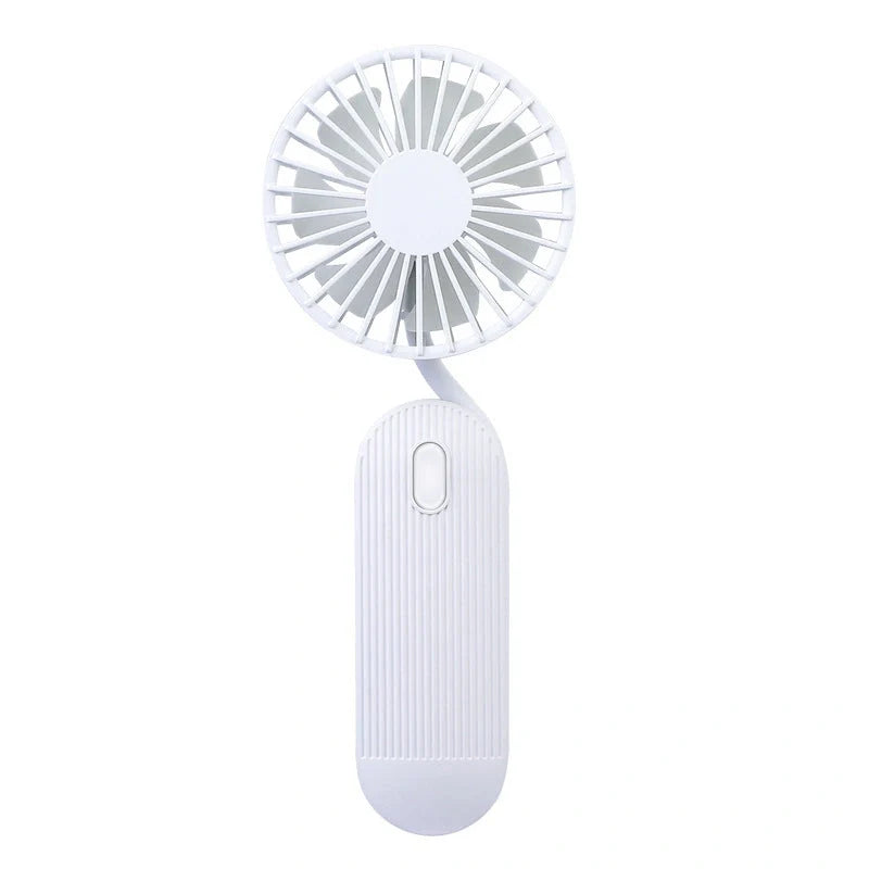 Rechargeable handheld fan in white, blue, and green with 2000mAh battery and silent operation