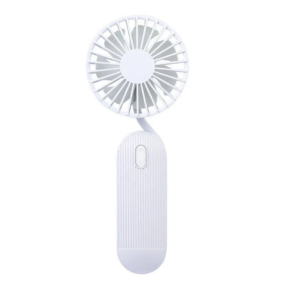 Rechargeable handheld fan in white, blue, and green with 2000mAh battery and silent operation