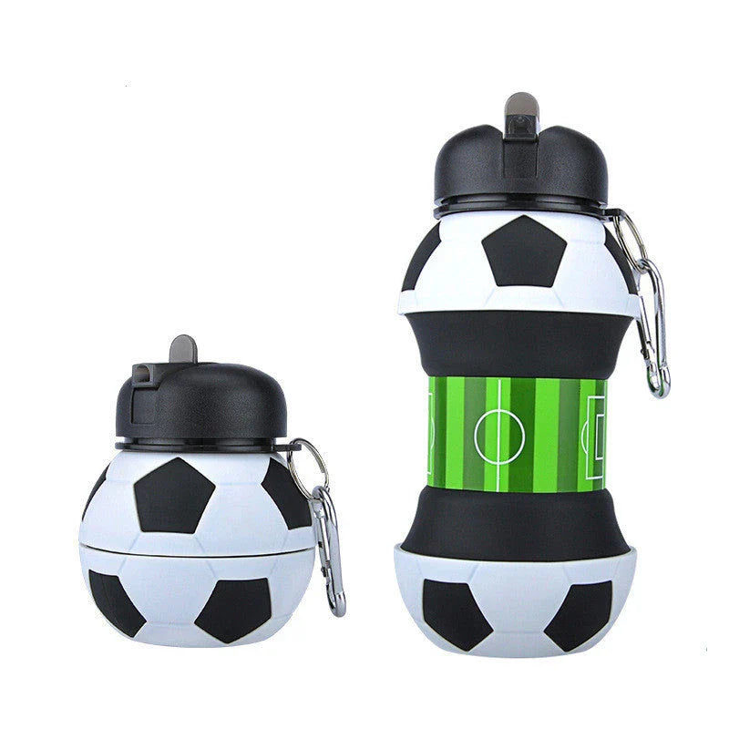 Foldable football-shaped silicone water bottle with straw - a durable, leak-proof, and eco-friendly travel companion for sports, hiking, and everyday hydration needs.