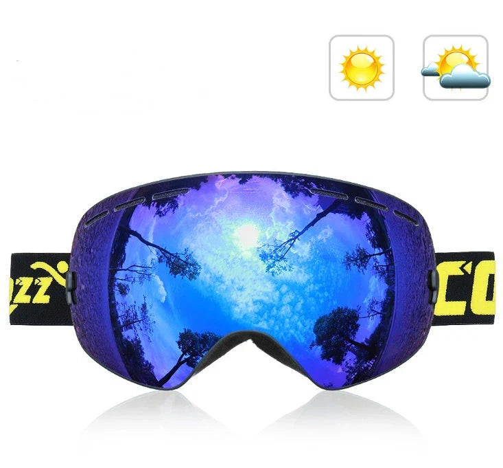 Premium ski goggles with anti-fog spherical lenses, available in a variety of frame and lens color options for winter sports enthusiasts.