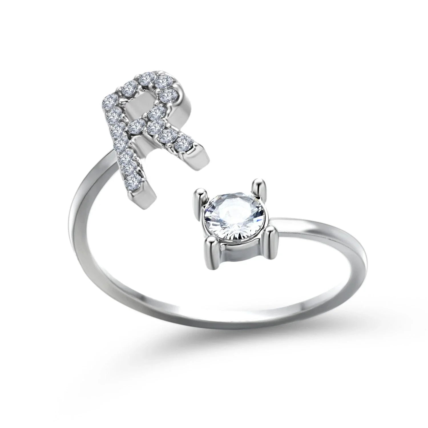 Customizable adjustable ring with 26 letters for women, featuring zircon stones and copper alloy construction
