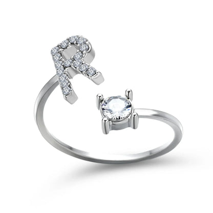 Customizable adjustable ring with 26 letters for women, featuring zircon stones and copper alloy construction