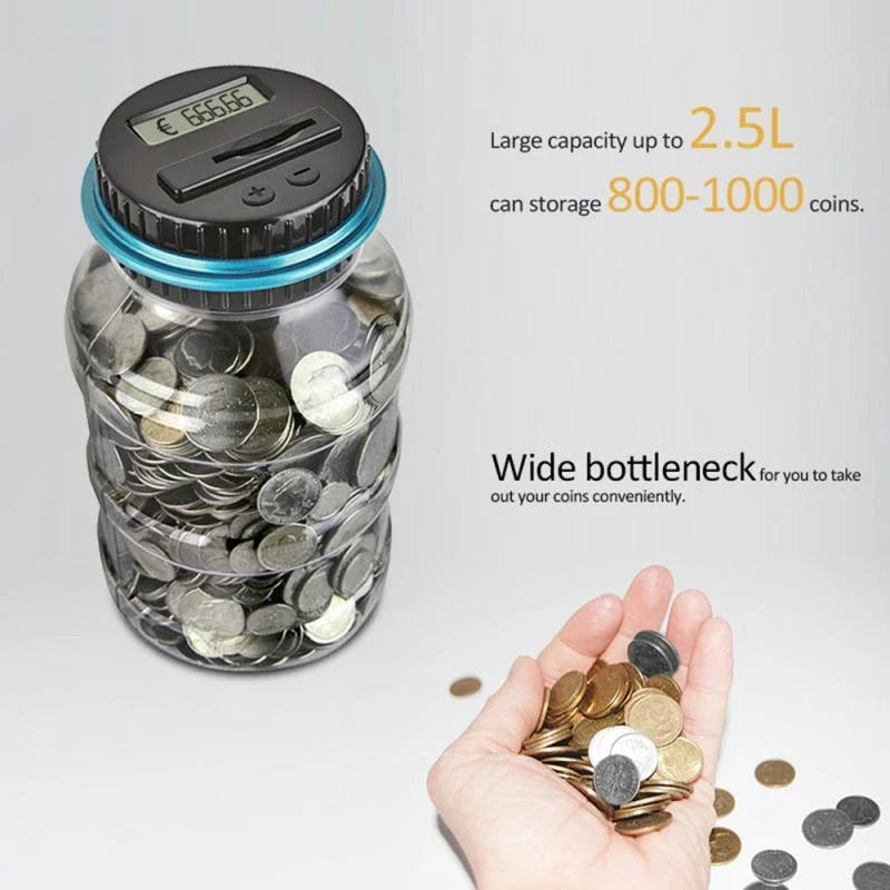 Transparent digital money box with LCD coin counter, designed for effortless coin saving and tracking in the UK