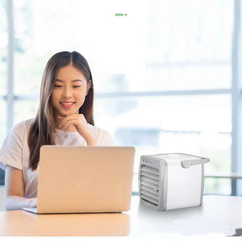 USB portable mini air cooler fan in white with ice curtain technology for personal cooling