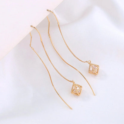 Gold Bronze Cutout Zircon Tassel Earrings with European and American Style